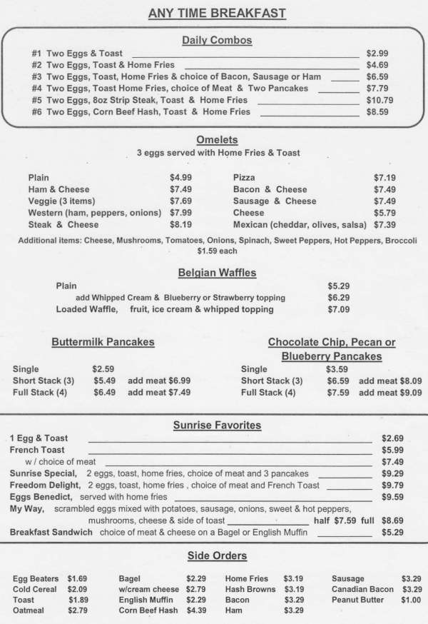 Page 1 of menu, Augie's Sunrise Diner Niagara Falls, NY
