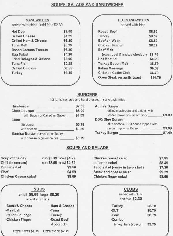 Page 2 of menu, Augie's Sunrise Diner Niagara Falls, NY