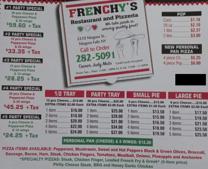 Page 1 of menu, Frenchy's Pizzeria in Niagara Falls, NY