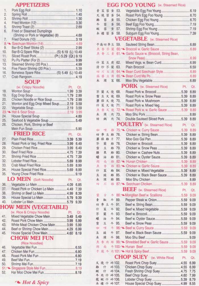Page 1 of menu, Hong Kong Kitchen Niagara Falls, NY