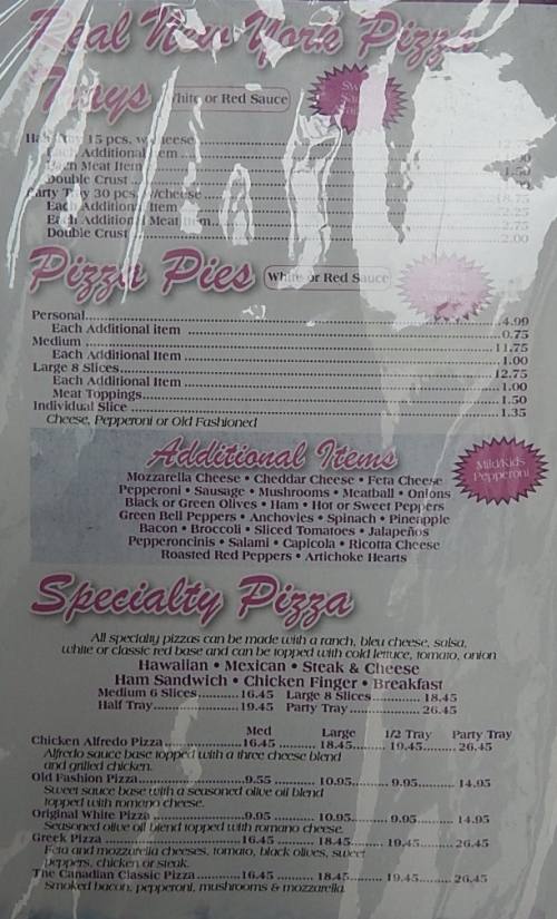 Page 1 of menu, Sammy's Pizzeria Niagara Falls, NY